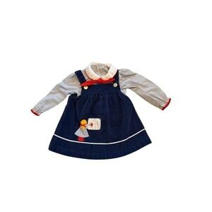 Vintage Kids Baby Girls Blue Corduroy Pinafore Dress w Striped Shirt Set Size 3T
